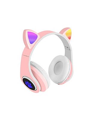 LED RGB zložljive brezžične naglavne slušalke KITTY CAT - roza 